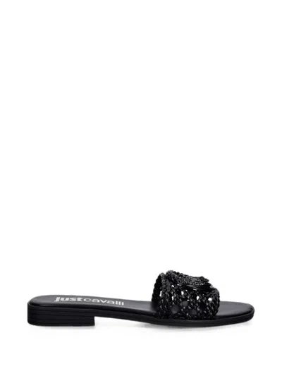 Just Cavalli Logo-plaque Woven Flat Sandals In Black
