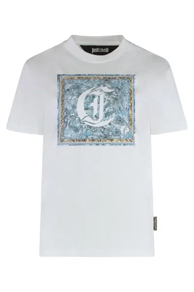 Just Cavalli Graphic Cotton T-shirt Round Neckline In Metallic