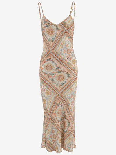 Just Cavalli Long Viscose Dress With Patterned Print In Gold