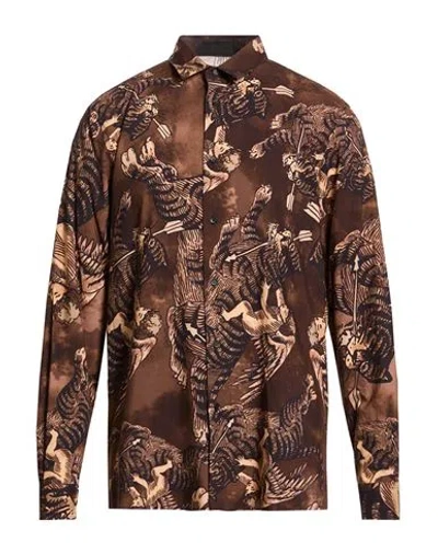Just Cavalli Man Shirt Brown Size 38 Cotton, Viscose In Animal Print