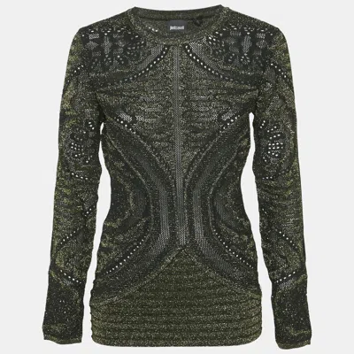 Pre-owned Just Cavalli Metallic Patterned Lurex Knit Long Sleeve Top L In Silver
