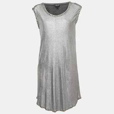 Just Cavalli Metallic Silver Lamé Jersey Metal Embellished Mini Dress