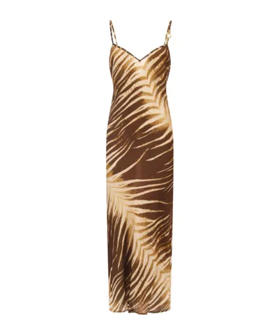 Just Cavalli Midi Dress With Stylised Leaf Print In Brown