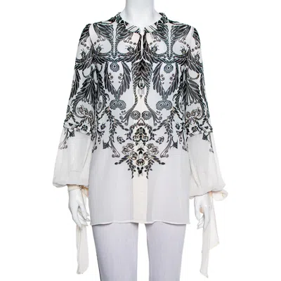 Just Cavalli Monochrome Printed Silk Sleeve Tie Detail Top In White