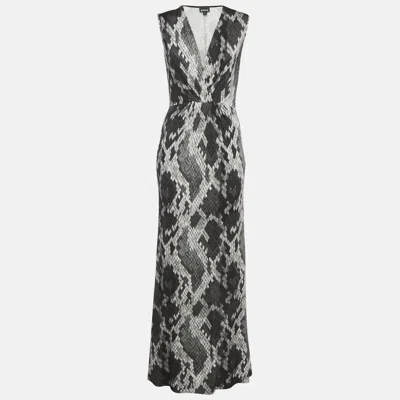 Pre-owned Just Cavalli Monochrome Snake Effect Jersey Ruched Maxi Dress M In Black