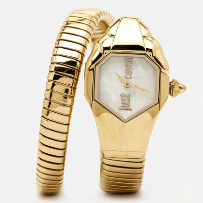 Pre-owned Just Cavalli Mother Of Pearl Yellow Gold Plated Stainless Steel Serpent Jc1l001m0026 Women's Wristwatch 22 Mm In White