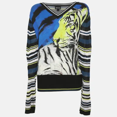 Pre-owned Just Cavalli Multicolor Printed Jersey V Neck Sweater Xxl