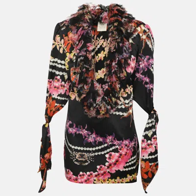 Pre-owned Just Cavalli Multicolor Printed Satin Ruffled Neck Blouse M