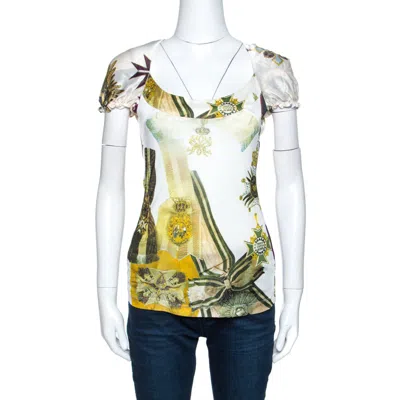Just Cavalli Multicolor Printed Silk Neck Tie Detail Top In White
