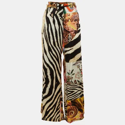 Pre-owned Just Cavalli Multicolor Printed Silk Satin Waist Tie Detail Pants M