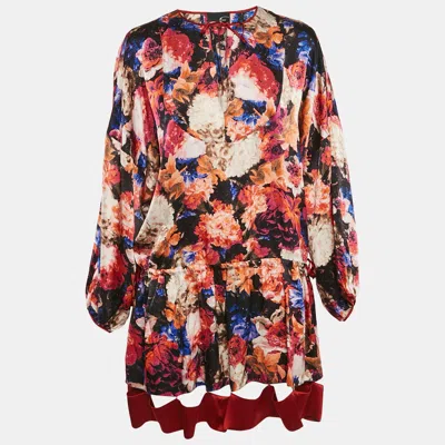 Pre-owned Just Cavalli Multicolor Silk Satin Floral Print Oversized Mini Dress M