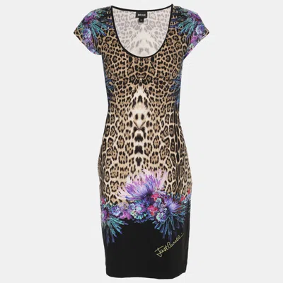 Just Cavalli Multicolor Stretch Satin Sleeveless Midi Dresses In Animal Print