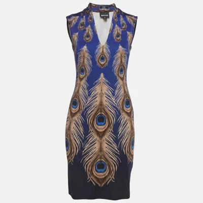 Just Cavalli Navy Blue Peacock Feather Printed Jersey Sleeveless Dress