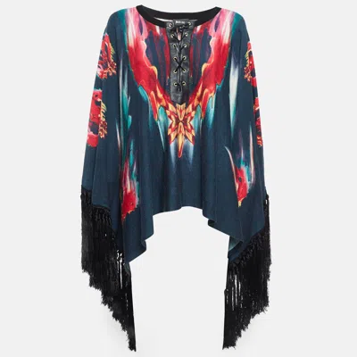 Pre-owned Just Cavalli Navy Blue Printed Knit Fringed Lace-up Poncho Top M