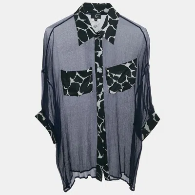 Pre-owned Just Cavalli Navy Blue Sheer Silk Contrast Trimmed Button Front Blouse S
