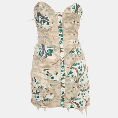 Pre-owned Just Cavalli Off-white Printed Canvas Distressed Strapless Mini Dress S