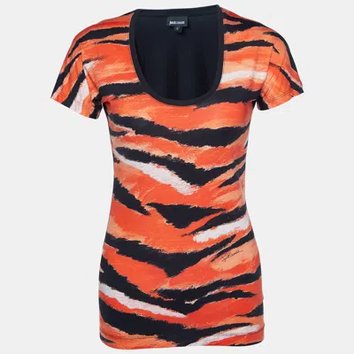 Pre-owned Just Cavalli Orange Animal Print Jersey Round Neck Top S