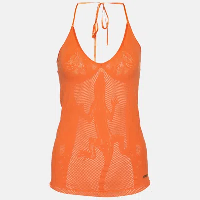 Pre-owned Just Cavalli Orange Eyelet Jersey Fitted Tank Top M