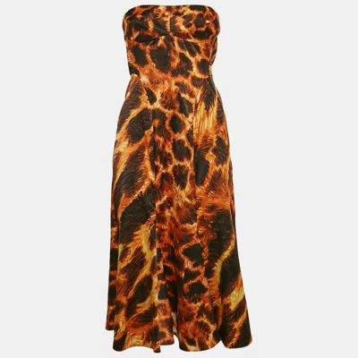 Pre-owned Just Cavalli Orange Printed Satin Strapless Midi Dress M
