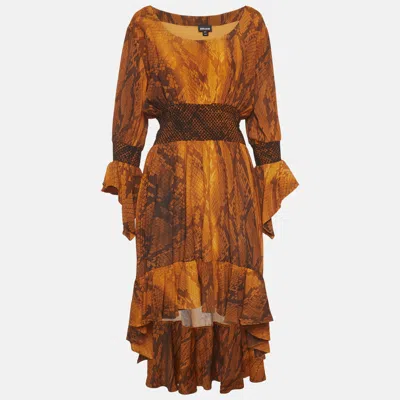 Pre-owned Just Cavalli Orange Snake Skin Print Crepe Asymmetric Hem Midi Dress M