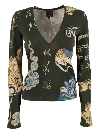 Pre-owned Just Cavalli Oriental-print Top In Green
