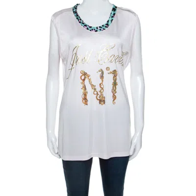 Just Cavalli Pale Pink Logo Print Jersey Oversized Sleeveless Top In White