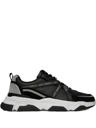 JUST CAVALLI PANELLED BLACK LOW-TOP SNEAKERS