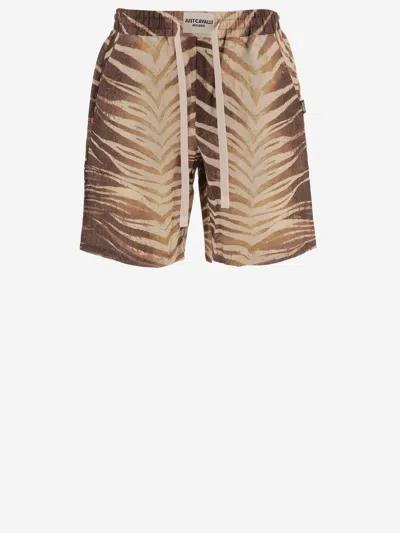 Just Cavalli Printed Cotton And Linen Shorts In Brown