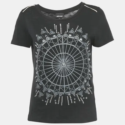 Pre-owned Just Cavalli Printed Embellished Cotton T-shirt S In Black