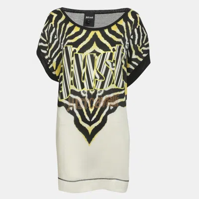 Pre-owned Just Cavalli Printed Modal Logo Rhinestone Embellished Tops M In Multi
