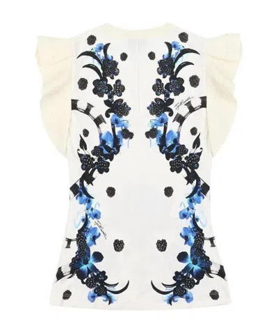 Just Cavalli Printed Short-sleeved T-shirt With Lotus Leaf Edge In White