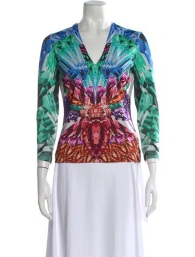 Pre-owned Just Cavalli Printed V-neck Top In Blue