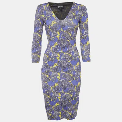 Pre-owned Just Cavalli Purple Floral Print Jersey Midi Dress S