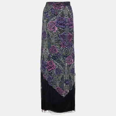 Pre-owned Just Cavalli Purple Floral Printed Crepe And Tulle Maxi Skirt M In Blue