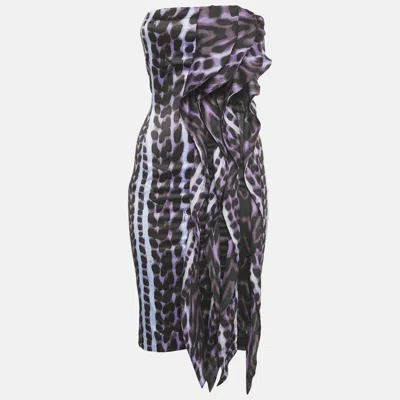 Just Cavalli Purple Leopard Print Stretch Satin Strapless Dress In Multi