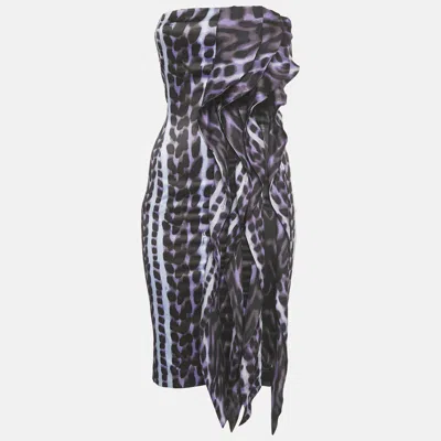 Pre-owned Just Cavalli Purple Leopard Print Stretch Satin Strapless Dress S