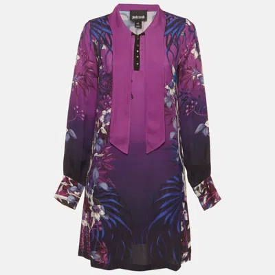 Just Cavalli Purple Printed Crepe Neck Tie Detail Mini Dress