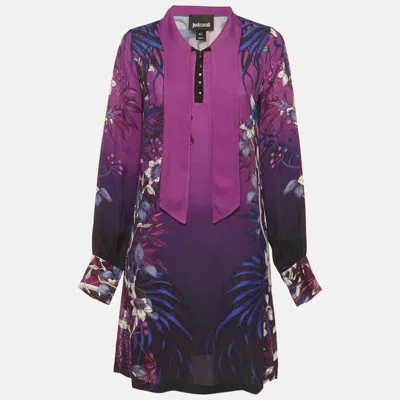 Pre-owned Just Cavalli Purple Printed Crepe Neck Tie Detail Mini Dress M