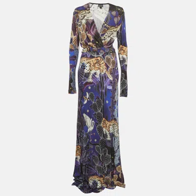 Just Cavalli Purple Printed Jersey Faux Wrap Maxi Dress In Multi