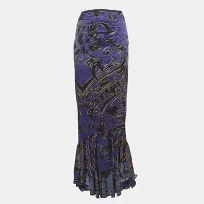Pre-owned Just Cavalli Purple Printed Satin Asymmetric Midi Skirt M