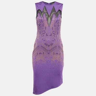 Pre-owned Just Cavalli Purple Studded Mesh Trim Jersey Asymmetric Dress S