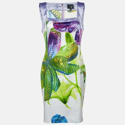 Pre-owned Just Cavalli Purple/green Floral Print Satin Sheath Dress L