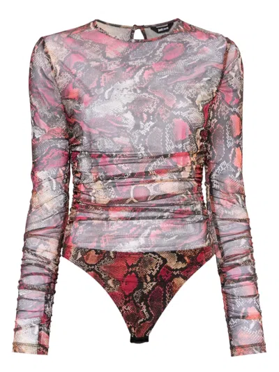 Just Cavalli Pyton-print Tulle Bodysuit In Black