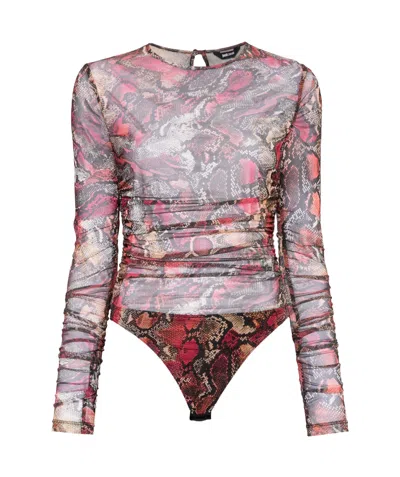 Just Cavalli Pyton-print Tulle Bodysuit In Gray