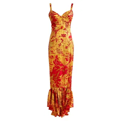Pre-owned Just Cavalli Red & Gold Silk Oriental Japanese Print Maxi Dress