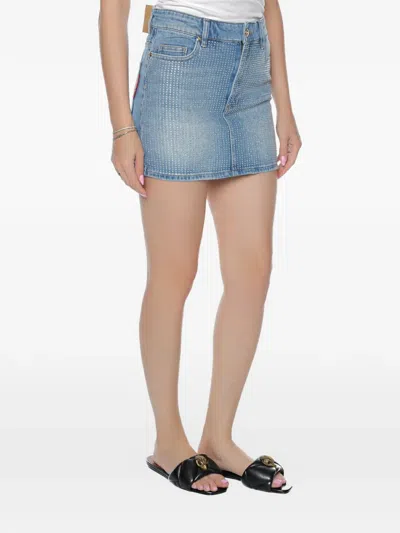 Just Cavalli Rhinestone-embellished Denim Mini Skirt In Blue