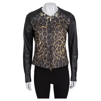 Pre-owned Just Cavalli Roberto Cavalli Animal Print Leather Jacket It 42 With Gold Hardware In Black