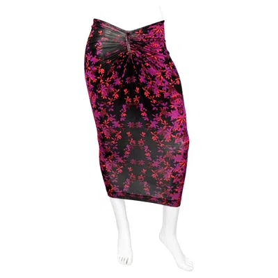 Pre-owned Just Cavalli Ruched Floral Print Midi Skirt Circa Y2k In Black