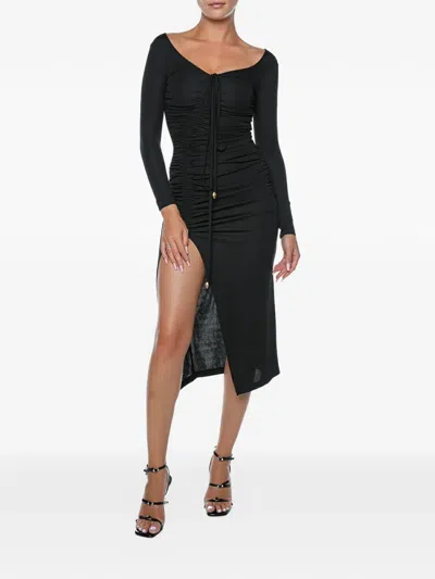 Just Cavalli Ruched Front-slit Midi Dress In Black