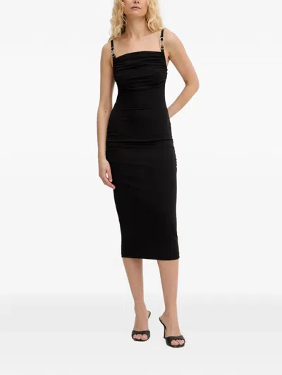 Just Cavalli Ruched Logo-plaque Midi Dress In Black